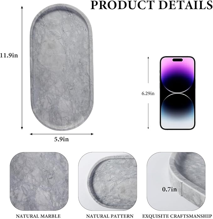 Koville Grey Marble Tray for Bathroom Countertop, 12"x6" Vanity Decorative Marble Tray for Dresser, Stone Catchall Trays for Perfume, Candles, Jewelry, Stone Gray Storage Trays for Home Decor