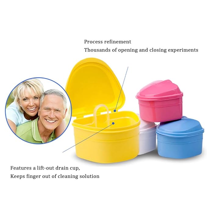 Denture Bath Box Cup, Complete Clean Care for Dentures, Clear Braces, Mouth Guard, Night Guard & Retainers,Traveling (Blue & Pink)