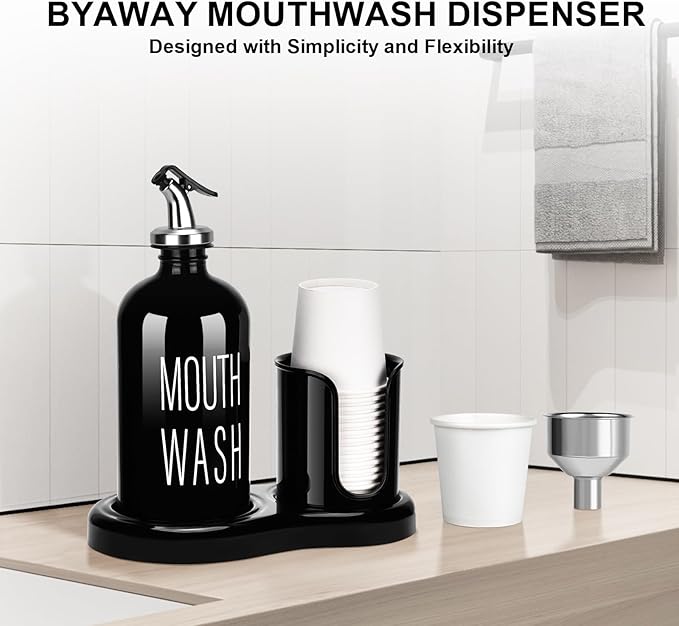 Glass Mouthwash Dispenser with Cup Holder,BYAWAY Mouthwash Set for Bathroom,16 OZ Refillable Mouthwash Bottle Container with 14 Mouthwash Cups,Funnel (Black)