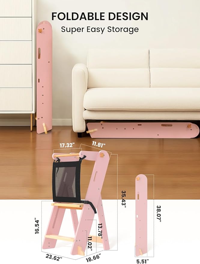 GROWNSY Foldable Step Stool Toddler Tower, Toddler Kitchen Stool Helper, Collapsible Kids Standing Tower with 3 Adjustable Heights and Safety Net for Kitchen Bathroom Sink Counter (Light Pink)