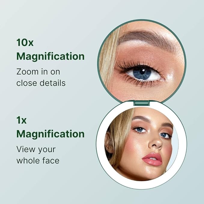Fancii Taylor Rechargeable Travel Makeup Mirror with LED Lights, 10x /1x Magnifying, 3 Light Settings, Large 5” Wide | Compact Mirror for Purses (Emerald Envy)
