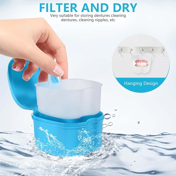 2 Pack Colors Denture Bath Case Cup Box Holder Storage Soak Container with Strainer Basket for Travel Cleaning (White and Light Blue)