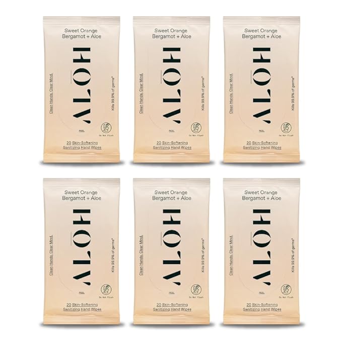 ALH Sweet Orange Bergamot + Aloe Sanitizing Hand Wipes - Clean Hands, Clear Mind - On The Go Hand Sanitizer for Kids & Adults - Travel Size 6 Packs (120 wipes)