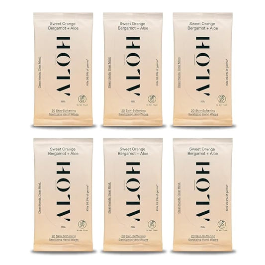 ALH Sweet Orange Bergamot + Aloe Sanitizing Hand Wipes - Clean Hands, Clear Mind - On The Go Hand Sanitizer for Kids & Adults - Travel Size 6 Packs (120 wipes)