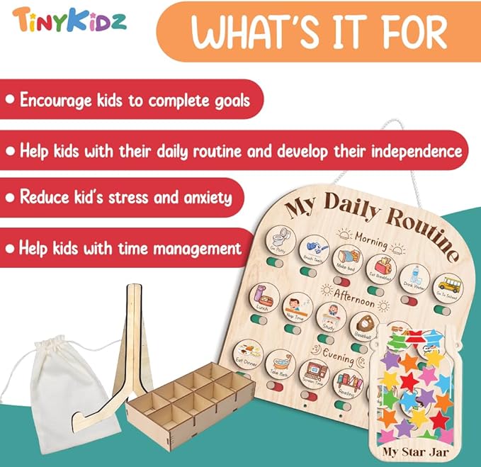 Wooden Daily Routine Chart with Reward Jar, Toddler Reward System, Morning Bedtime Routine Chart, Toddler Charts for Behavior and Routines, Wooden Chore Chart for Kids