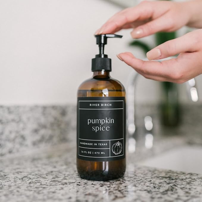 River Birch Pumpkin Spice Scented Natural Hand Soap -Handmade Soap -Moisturizing Hand Wash with Amber Glass Dispenser - Luxury Scented Hydrating Hand Soap - Vegan and Non-Toxic -16 Fl Oz