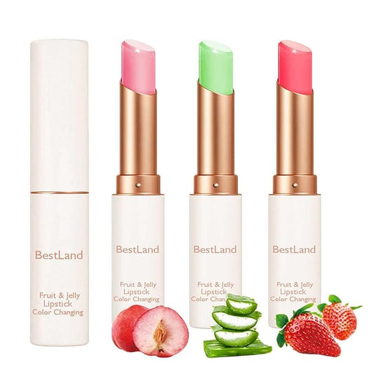 3 Pcs/Set Strawberry, Peach & Aloe Jelly Lipstick Set, Color Changing Lip And Cheek Stain | PH-Activated Temperature Reactive Moisturizing Lipstick for Dry & Mature Lips, Hydrating Long-Lasting Lip