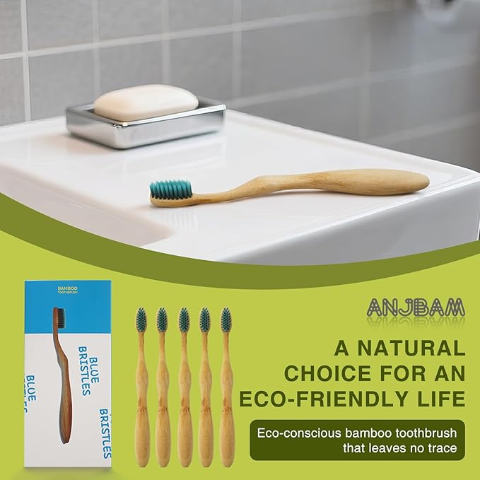 Bamboo Toothbrushes for Adults, BPA Free Bristles, Medium Soft, 5 PCS Bamboo Toothbrush for Dental Hygiene, Gum Care, Compostable, Eco Friendly, Compostable and Sustainable (Blue)
