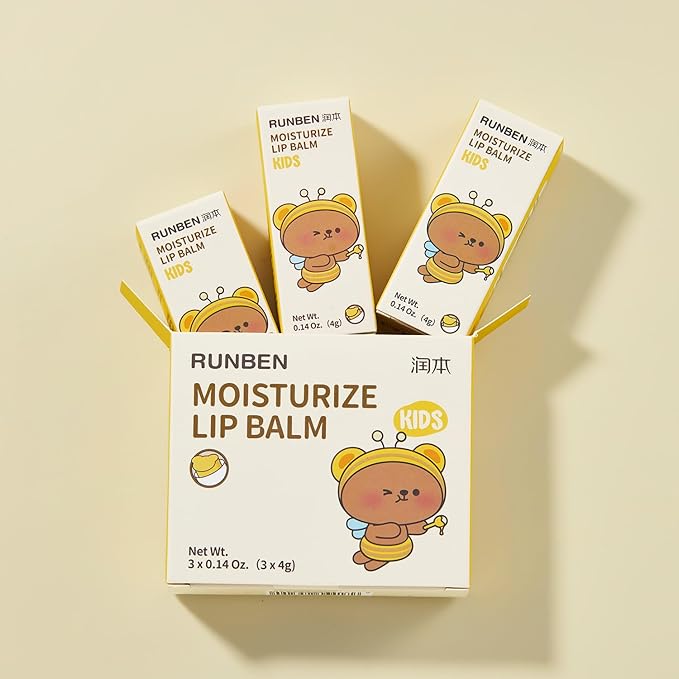 RUNBEN 3 Pack Kids Lip Balm Set Moisturize Baby Lip Balm Toddler Chapped Lips, 24H Deep Moisturizing, Non-toxic & Safe Lips Care