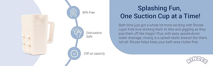 Baby Bath Cup with Suctions - BPA Free, 100% Food Grade Silicone Rinse Cup, Clutter-Free Tub Area, Kids Learning Tool, Sticks to Tiles, Drains Water Upside Down- "Patent Pending"