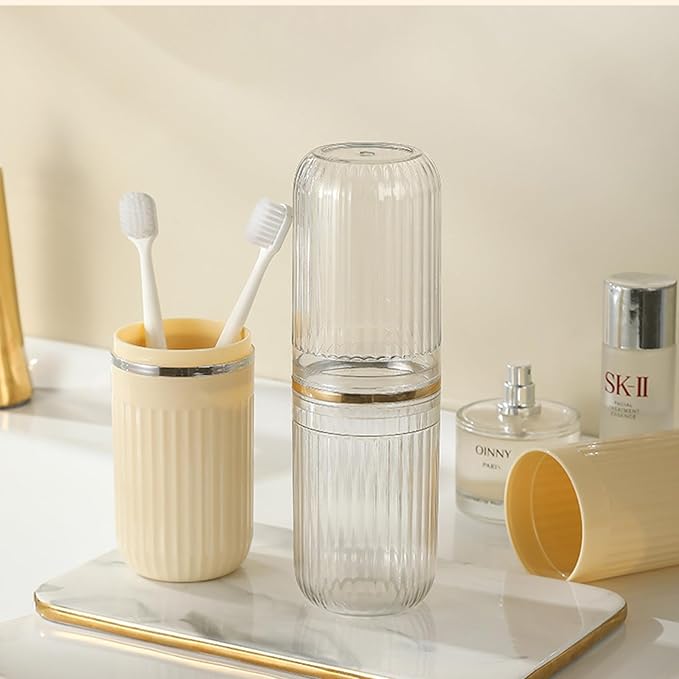 Travel Toothbrush Cup Case, Toothbrush Travel Container Portable Travel Toothbrush Holder Toothpaste Storage for School Camping Business Trip Bathroom (White,Yellow)