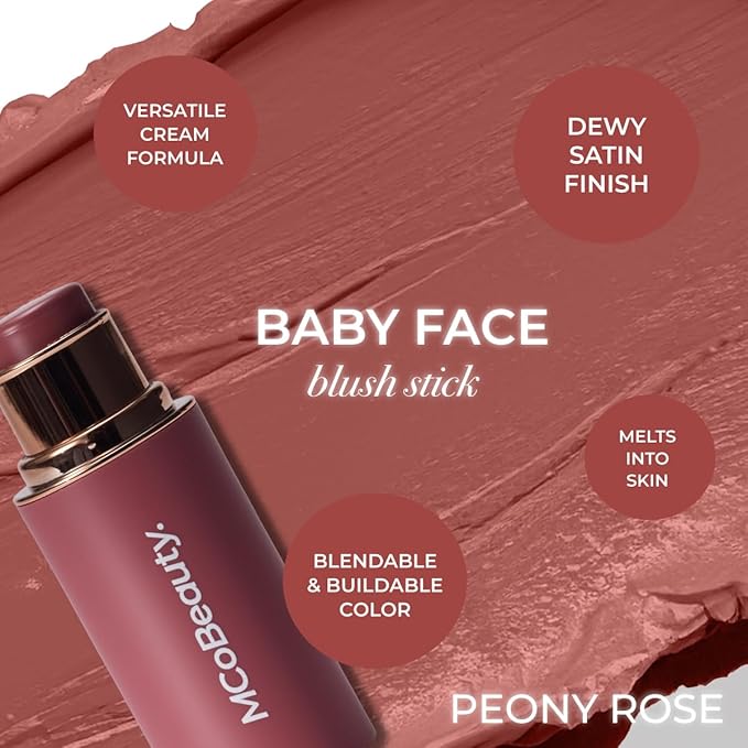 MCoBeauty - Baby Face Multiuse Cream Stick for Lips and Cheeks - Blush Stick in Pink Rose Shade - Contains Moisturising Jojoba Seed Oil, Coconut Oil and More - Peony Rose