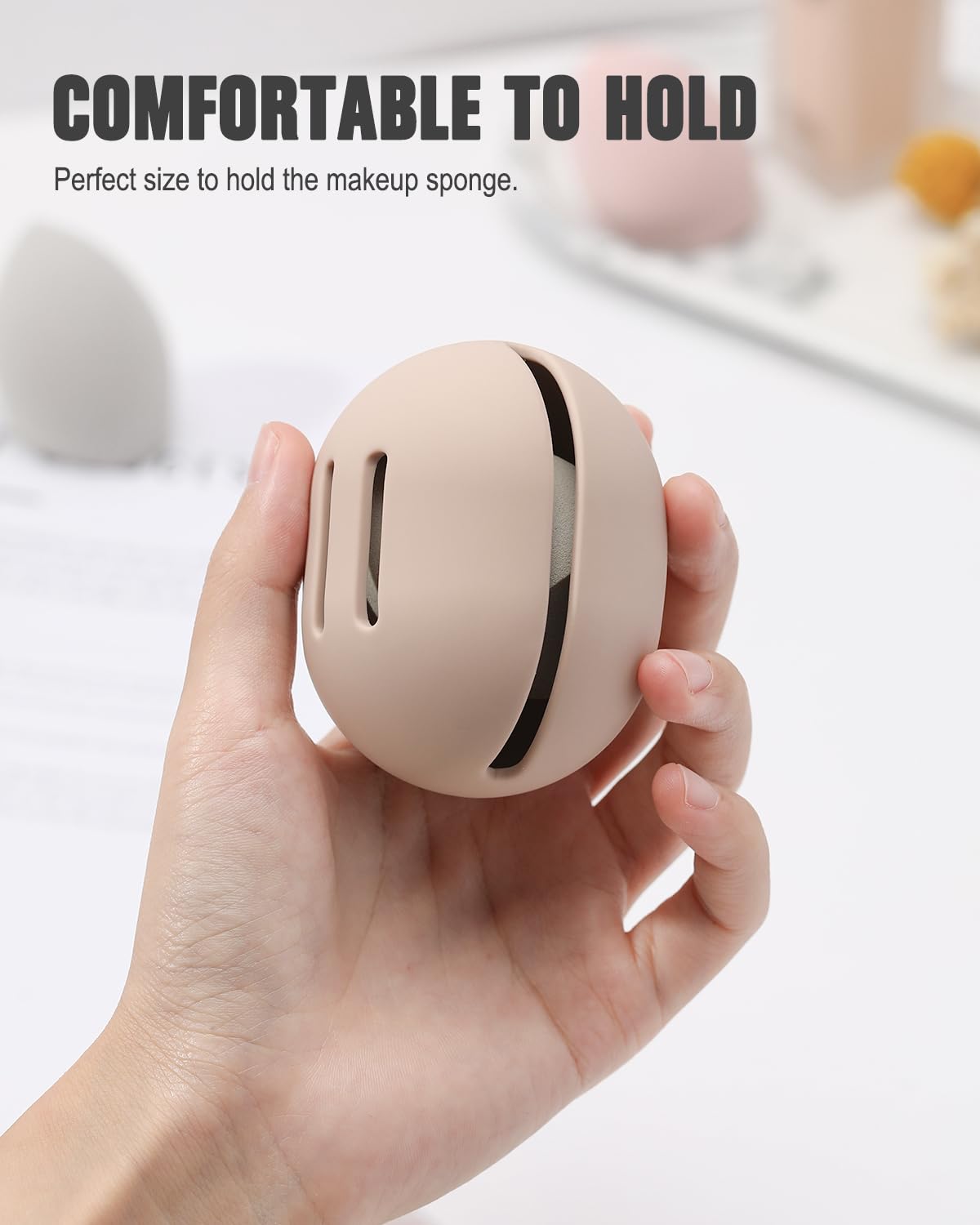 FERYES Makeup Sponge Holder – Shatterproof Eco-Friendly Silicone Beauty Make Up Blender Case for Travel - Khaki