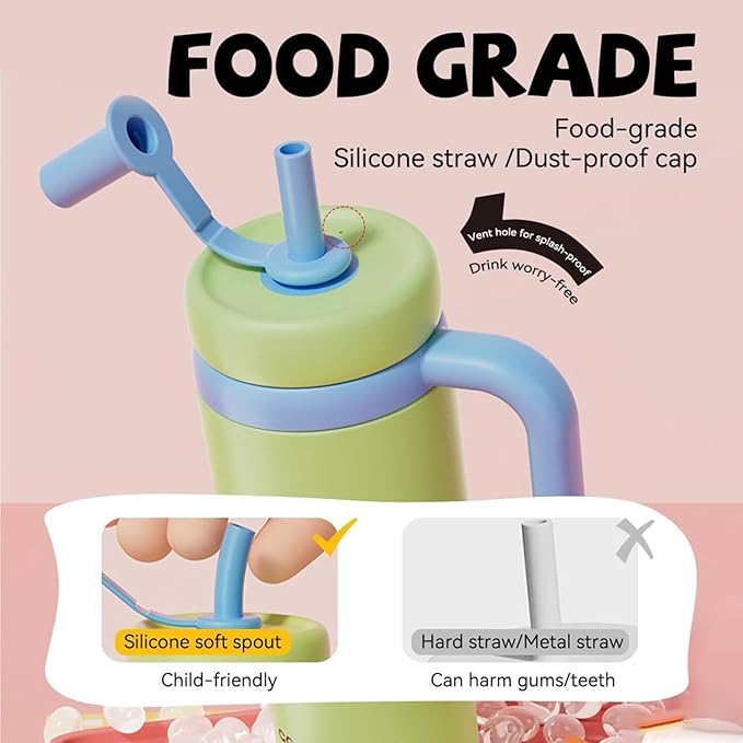 Drinking Cup With Whale Squirt, 24oz Whale Water Bottle with Handle, Insulated Stainless Steel Whale Water Cups With Two Silicone Soft Tip, Leak-Proof Whale Fountain Bottle for Kids Teens (Green)