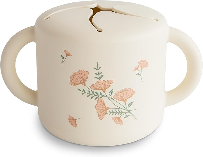 mushie Silicone Snack Cup | Spill Proof Food Container for Toddler and Baby (Pink Flowers)