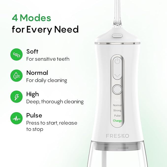 FRESKO Water Dental Flosser with Constant Pressure Technology - Portable Electric Flosser with 50-Day Battery, 10oz Tank, IPX7 Waterproof, 4 Modes & 5 Tips for Deep Oral Clean