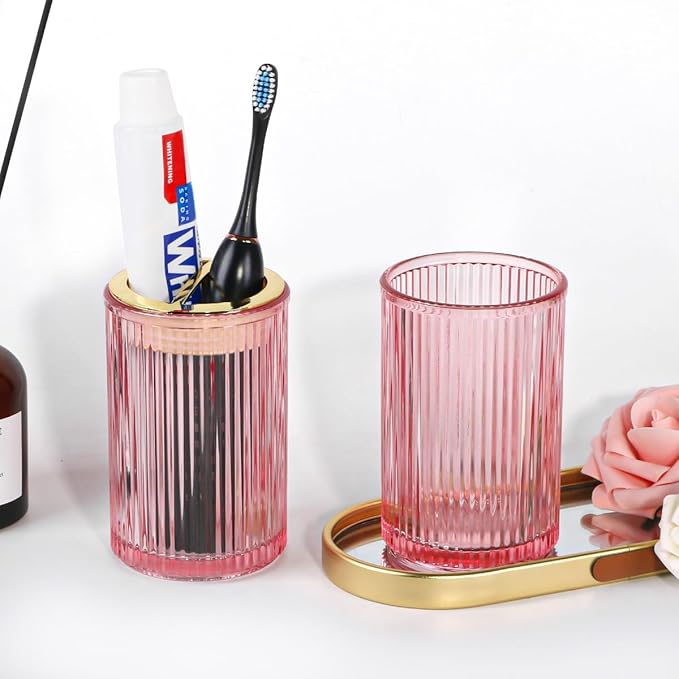 Pink Toothbrush Holders for Bathrooms, 2pcs Glass Toothbrush Holder, 12oz Gold Bathroom Tumbler Cup and Mouthwash Cup, Tooth Brush Cups and Toothpaste Organizer for Bathroom Countertop Decor