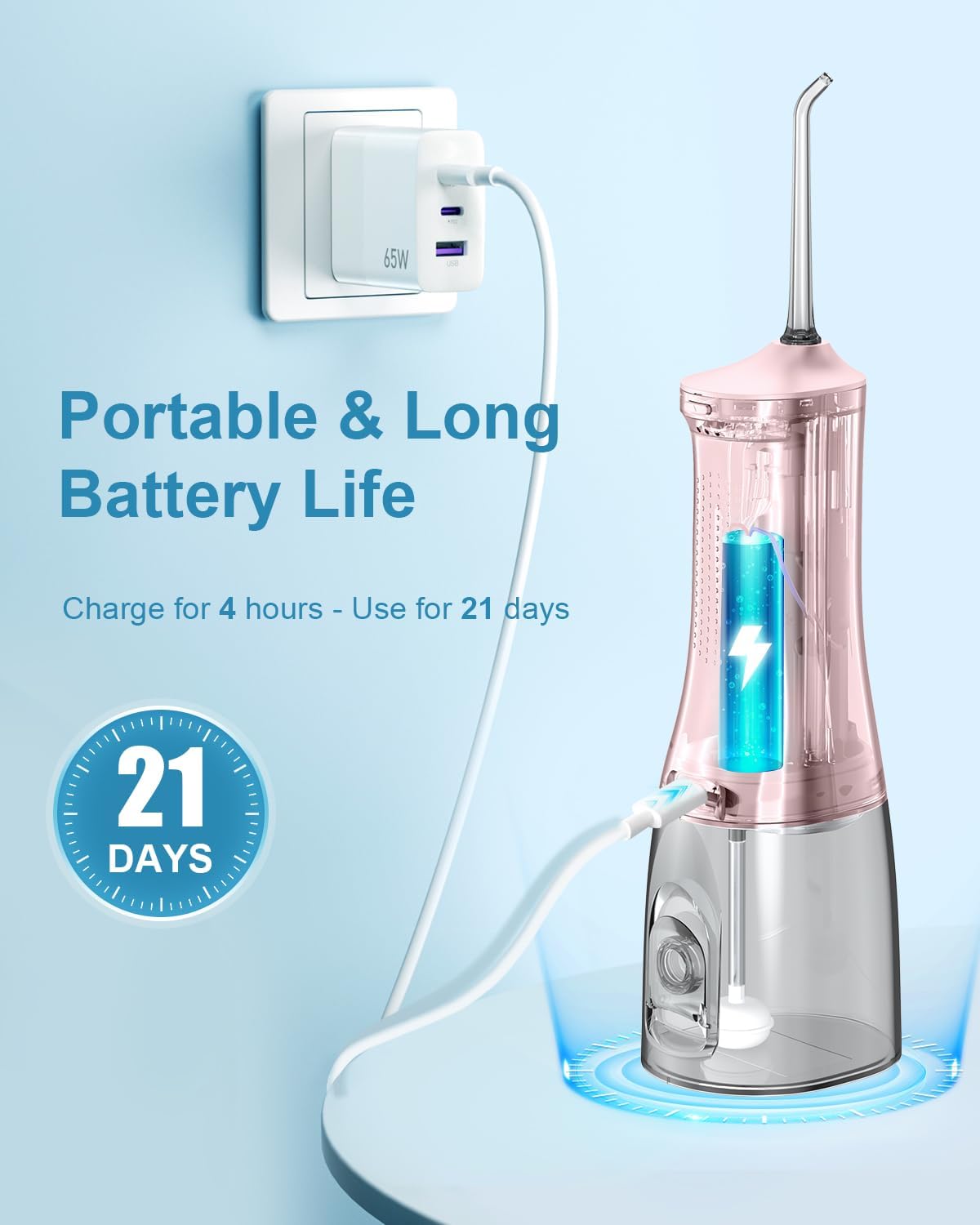 Operan Water Flosser for Teeth Cleaning Upgraded 300ml Cordless Water Dental Flossers Rechargeable Oral Irrigator with 4 Modes 4 Jet Tips IPX7 Waterproof Water Floss for Home Travel (Pink)+1Pack