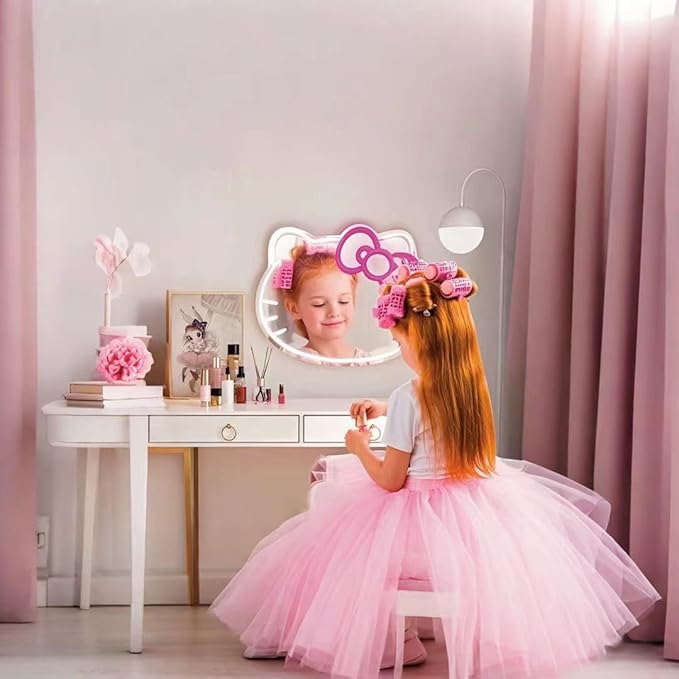 GALLIA Anime Hello Kit Mirror Vanity, Neon Mirror with Dimmable LED Lights, Perfect for Teen Girl Gift, Room Decor, 14.6" x 12.2"