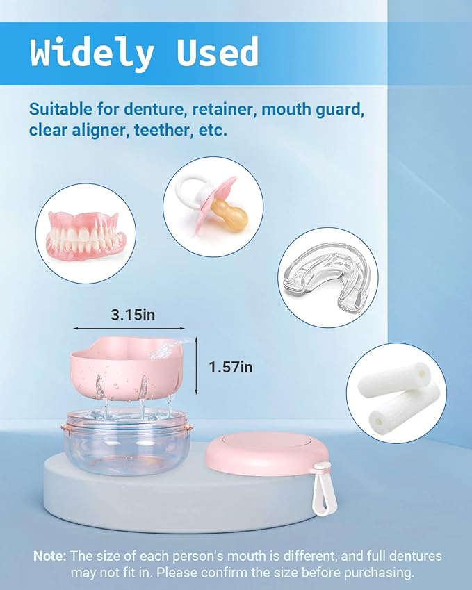 Denture Bath Case, Denture Cup, Leak Proof Portable Retainer Case, Denture Cleaning Kit with Cleaner Brush, Denture Box with Strainer & Mirror, Denture Case for Aligner Retainer Mouth Guard (Pink)