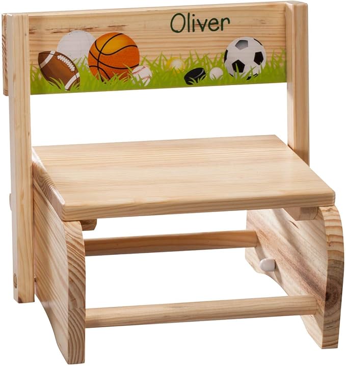 Custom 2-in-1 Children's Step Stool and Chair, Customized with Kid’s Name, Sports Design