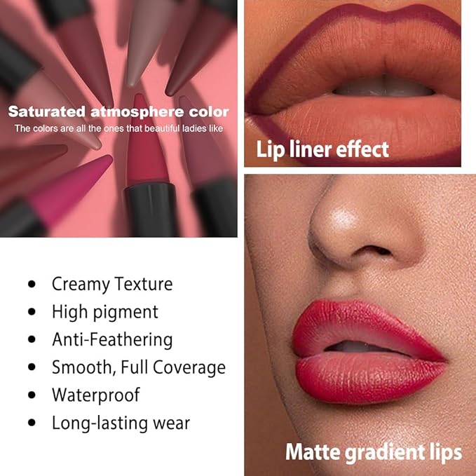 evpct Hot Pink Gradient Matte Lipstick Lip Liner Combo Set for Older Women Long Lasting Waterproof, Rose Red Lips Stick Crayon Pencil Cream Lip Liner and Lipstick Combo Makeup, Flawless Ombre Effect