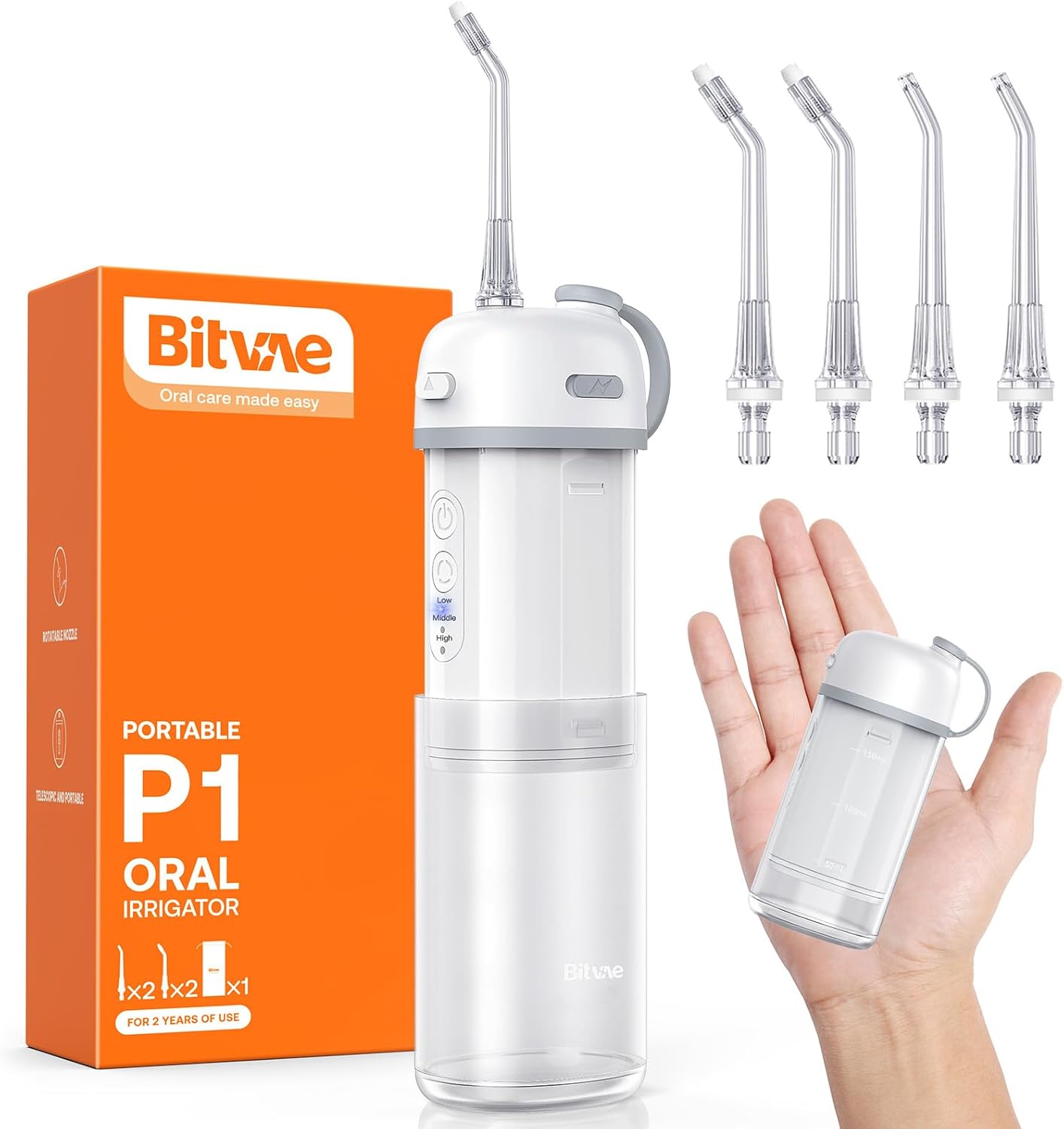 Bitvae P1 Portable Mini Dental Flosser, Cordless Water Cleaner with Telescopic Tank, Rechargeable Oral Irrigator for Travel & Home, Frost White