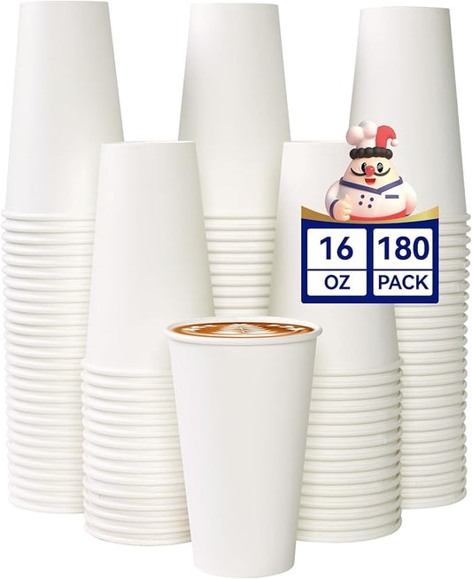 JOLLY CHEF 180 Count 16 oz Coffee Cups, White Drinking Paper Cups for Coffee, Water, Juice, or Tea, Suitable for Party, Picnic, Travel, and Events