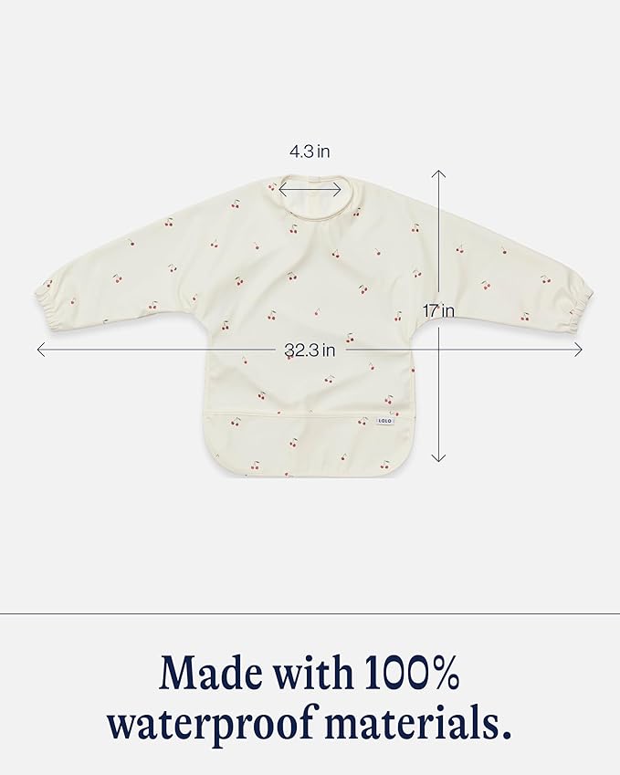 Lalo Smock Bib - Long Sleeve Bib for Infants and Toddlers - Elastic Cuffs, Large Catch-All Pocket, Waterproof Recycled Polyester - Easy to Clean for Mealtime and Art Time - Cherry Infant