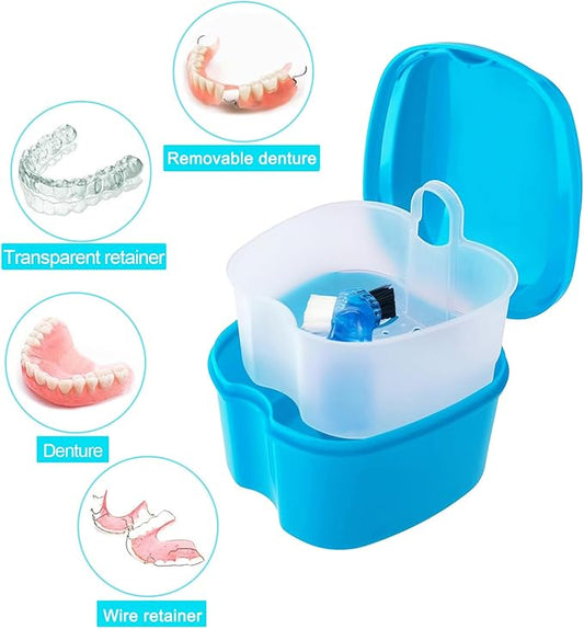 Keedolla 2 Pack Cute Denture Cups Denture Bath Container for Soaking False Teeth, Denture Storage Container Soaking Bath Case with 2 Brush - Blue and White
