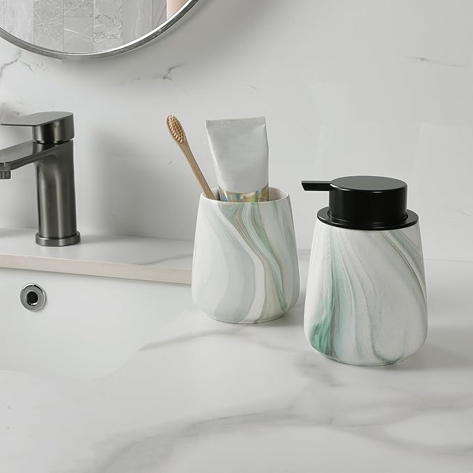 2Pcs Toothbrush Holder for Bathroom - Marble Green Ceramic Tooth Brushing Holders Set, Toothbrush Cup & Toothpaste Organizer for Bathroom Countertop, Makeup Brush Holder, Pen Holder for Home Storage