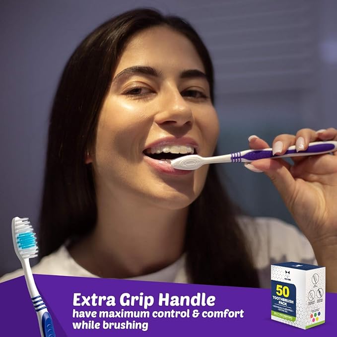 Bulk Toothbrushes 50 Pack | Individually Wrapped Travel Toothbrush Set for Adults & Kids | Made with a Medium-Soft Large Brush Head | BPA-Free & Disposable!