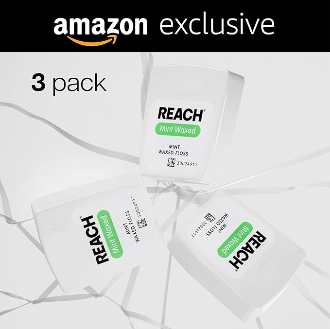 REACH Waxed Dental Floss, Mint, 2X More Value, Plaque Remover for Teeth, Shred Resistant, Floss Slides Smoothly, Easy to Use, Waxed, for Adults & Kids, Oral Care, PFAS Free, 3 Pack, 115 yd