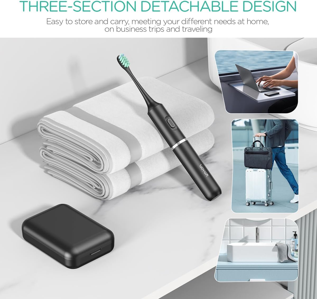 VOYOR-Health Travel Electric Toothbrush, Rechargeable Toothbrushes for Adults, Portable Sonic Toothbrush with 5 Modes, Three-Section Detachable Design with Travel Case ET410 (Black)