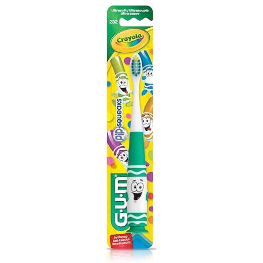 GUM Crayola Pip-Squeaks Kids' Manual Toothbrush, Extra Soft Bristle Toddler Toothbrush for Ages 3+, Suction Cup Base, 1 Count (Pack of 4)