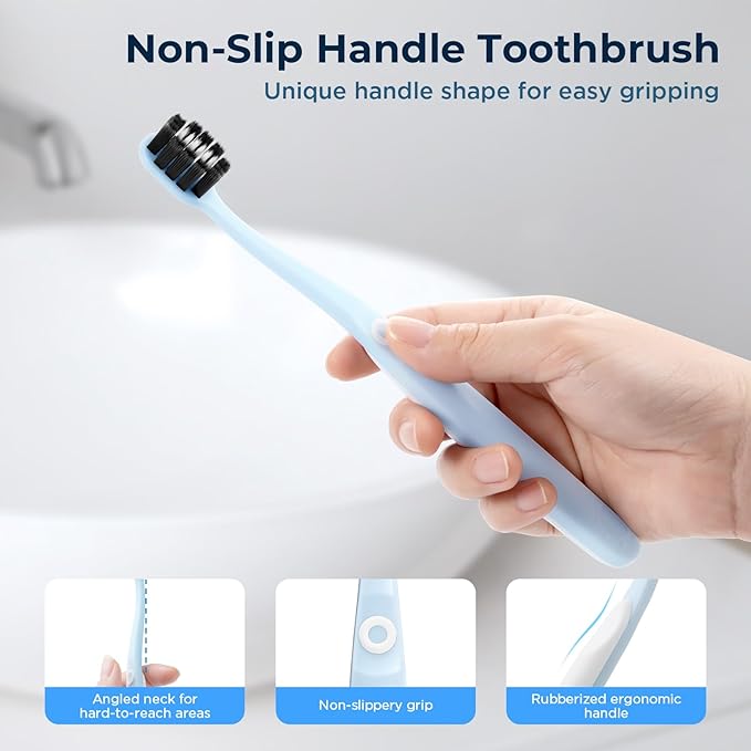 Morning Freshness Extra Soft Bristle Toothbrush with Charcoal & Silver Ions, 10000+ Ultra Soft Bristles for Sensitive Gums, Wide Head Soft Toothbrushes for Adults, Pregnant, Elderly, Braces (6 Pack)