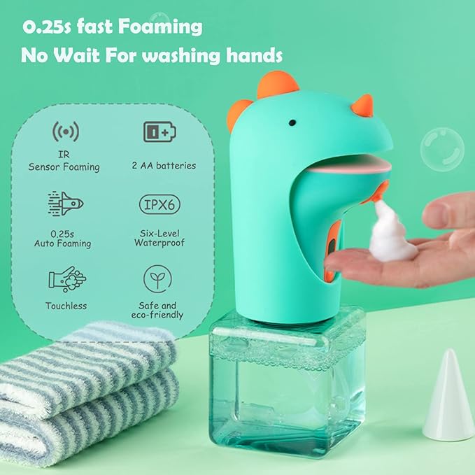 Automatic Soap Dispenser for Kids,IPX6 Waterproof Cute Dinosaur Foam Smart Hand Foaming Touchless Soap Dispenser for Bathroom Countertop, 8.7oz/250ML