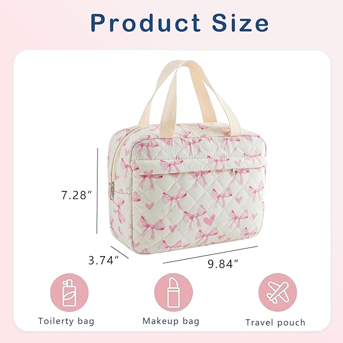 Large Size Quilted Coquette Makeup Bag, Cute Preppy Floral Cotton Travel Cosmetic Organizer Bag with Top Handle, Multi-Layer Travel Toiletry Pouch for Girls (08Heart Bow)