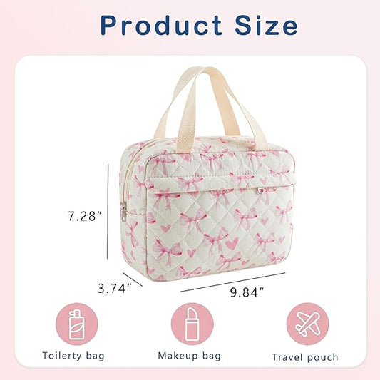 Large Size Quilted Coquette Makeup Bag, Cute Preppy Floral Cotton Travel Cosmetic Organizer Bag with Top Handle, Multi-Layer Travel Toiletry Pouch for Girls (08Heart Bow)