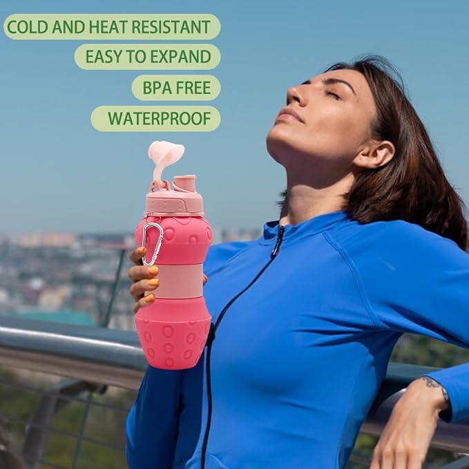 Silicone Collapsible Water Bottle - 16oz Leakproof BPA-Free Portable Sports Cup, for Outdoor Hiking Gym Travel