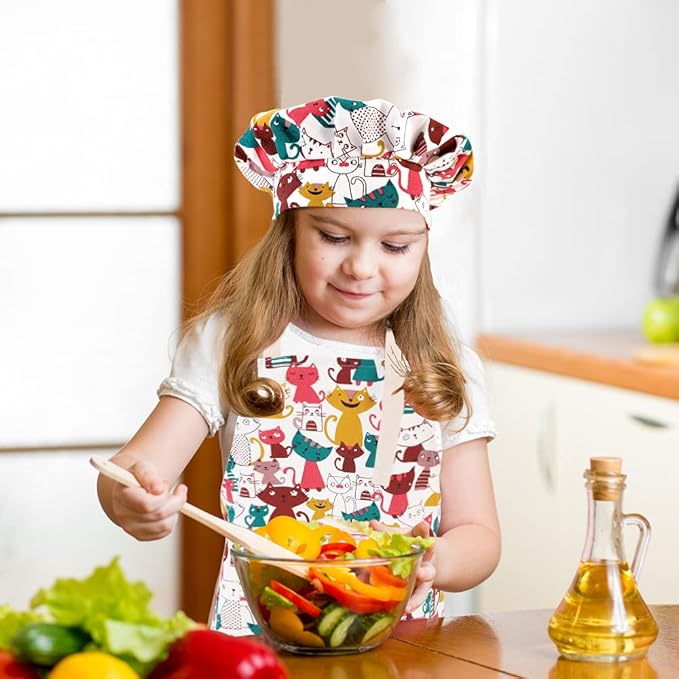 Kids Apron and Chef Hat Set, Adjustable Cotton Child Aprons with Large Pocket Cute Girls Boys Kitchen Bib Aprons for Cooking Baking Painting