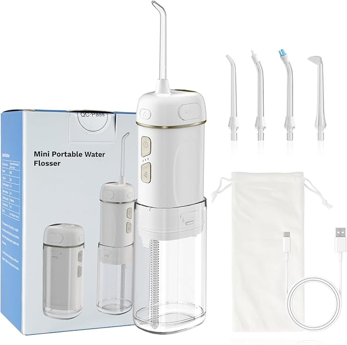 Hibbent Portable Cordless Water Flosser, Mini Oral Irrigator with 3 Modes & 4 Jet Tips, IPX7 Waterproof Rechargeable Travel Electric Dental Flosser for Braces Care, Sensitive Teeth, Orthodontic