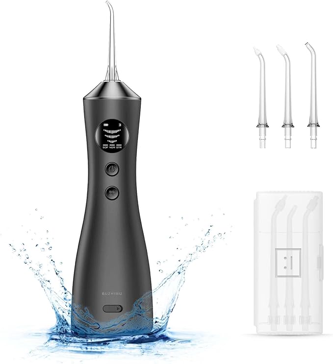 Water Dental Flosser for Teeth, Portable Cordless Water Flosser with 300ML Rechargeable with Type-C, IPX7 Waterproof Water Flossers for Adults with 3 Intensity Modes and 3 Flossing Tips Dark