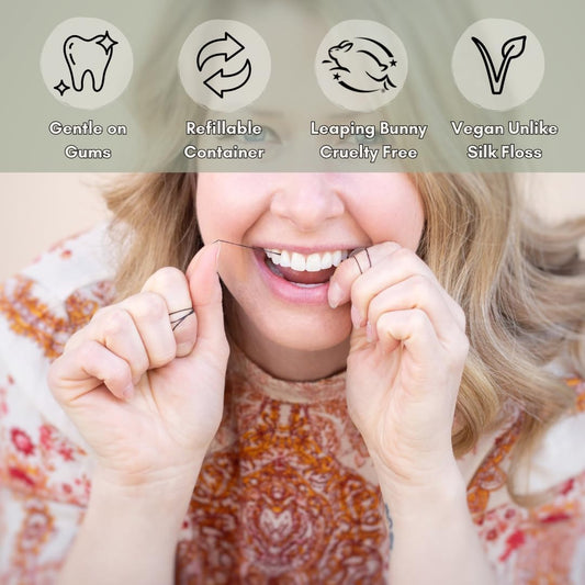 Vegan Biodegradable Bamboo Charcoal Dental Floss with Refillable Black Stainless Steel Container | 30M x2 | Extra Floss| Natural Candelilla Wax | Peppermint | Zero Waste Oral Care