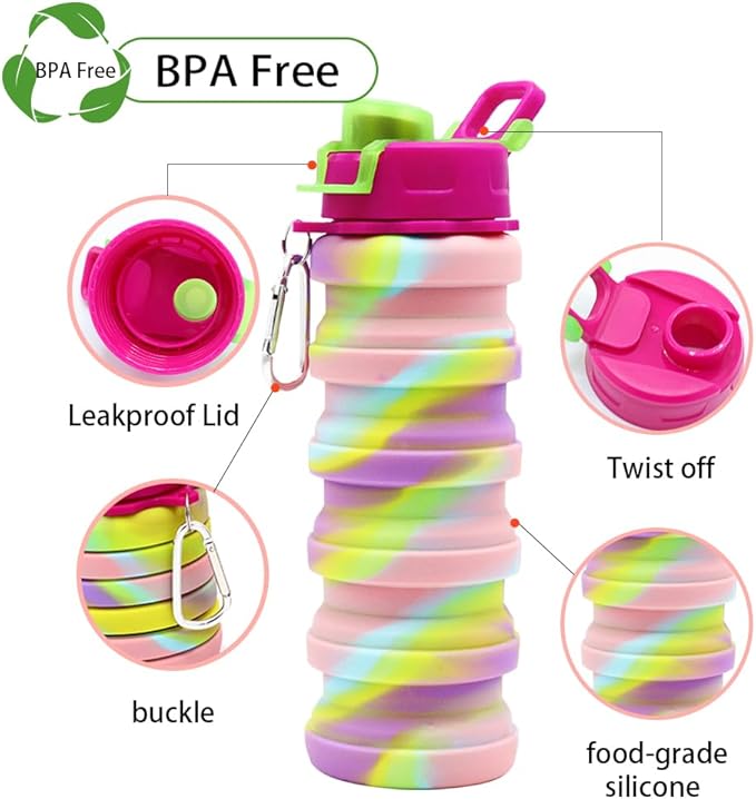 Silicone Collapsible Water Bottles, 16oz 500ml Portable Foldable Expandable Water Bottle Sports Cups, Leak Proof Reusable BPA Free, for Outdoor Activities Travel(2# Pink)