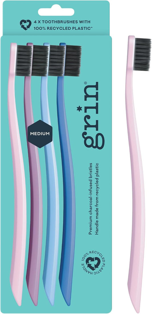 Grin Charcoal-Infused 100% Recycled Toothbrush, Medium, 4 Count, Purple, Suitable for Sensitive Teeth and Gums