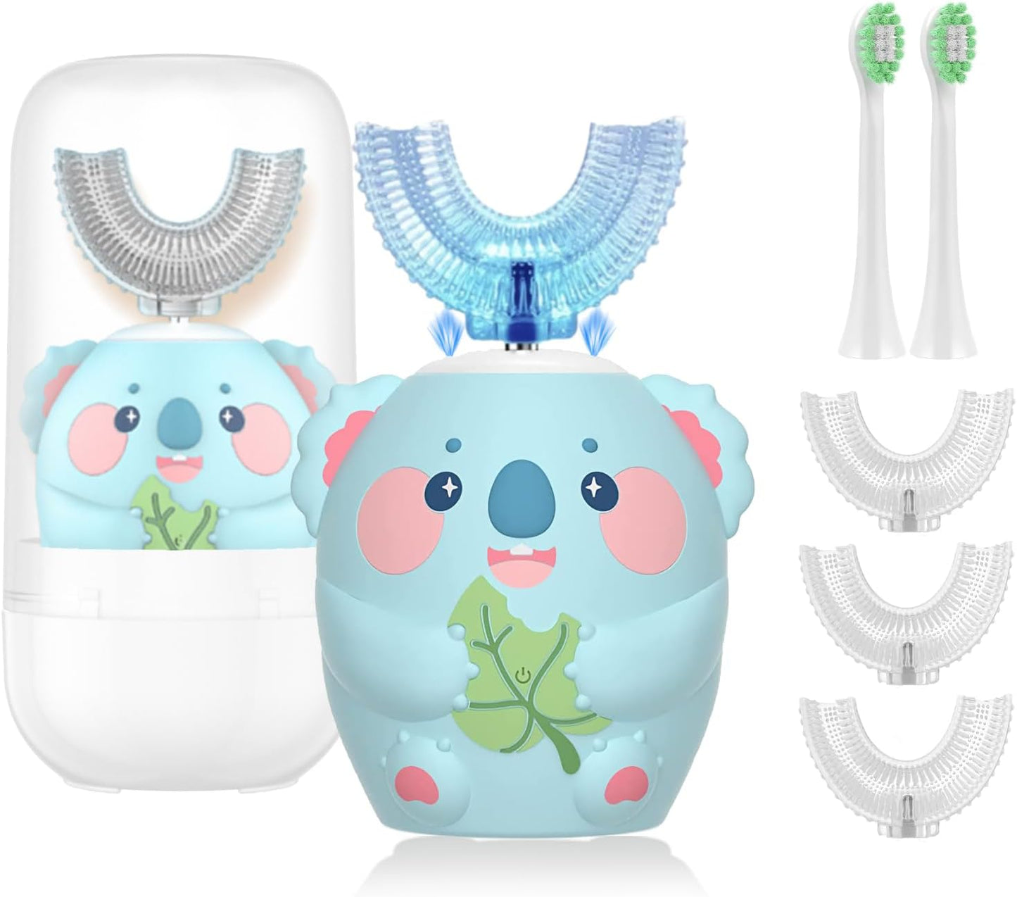 Kids Electric Toothbrush, U Shaped Toothbrush Kids Sonic Automatic Brush with 5 Brush Heads 6 Cleaning Modes IPX7 Waterproof Rechargeable Smart Timer for Children(Ages 2-7, Koala Cyan)