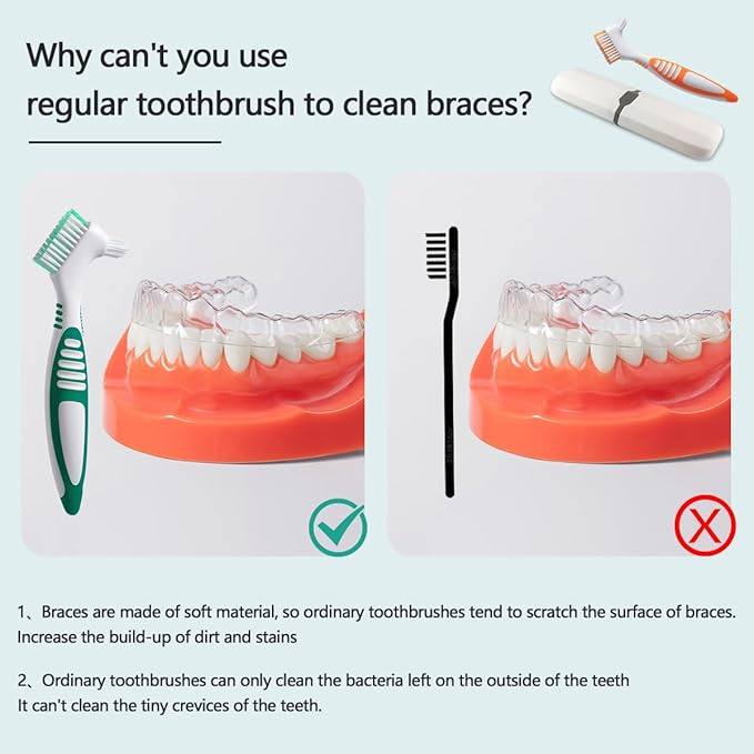 Denture Toothbrush Set, Portable Dual Head Denture Brush with Cover Case, Denture Cleaning Tool Set for Travel, Home and Camping, Dental Cleaning Brush Set for Denture Care False Teeth Cleaner Tool