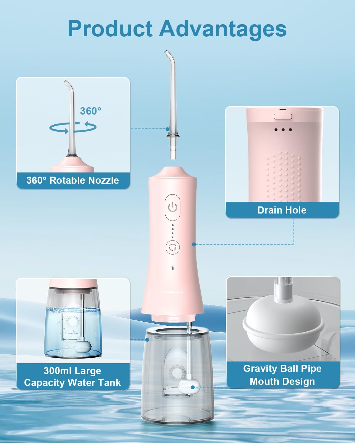 Operan Water Flosser for Teeth Cleaning Upgraded 300ml Cordless Water Dental Flossers Rechargeable Oral Irrigator with 4 Modes 4 Jet Tips IPX7 Waterproof Water Floss for Home Travel (Pink)+1Pack