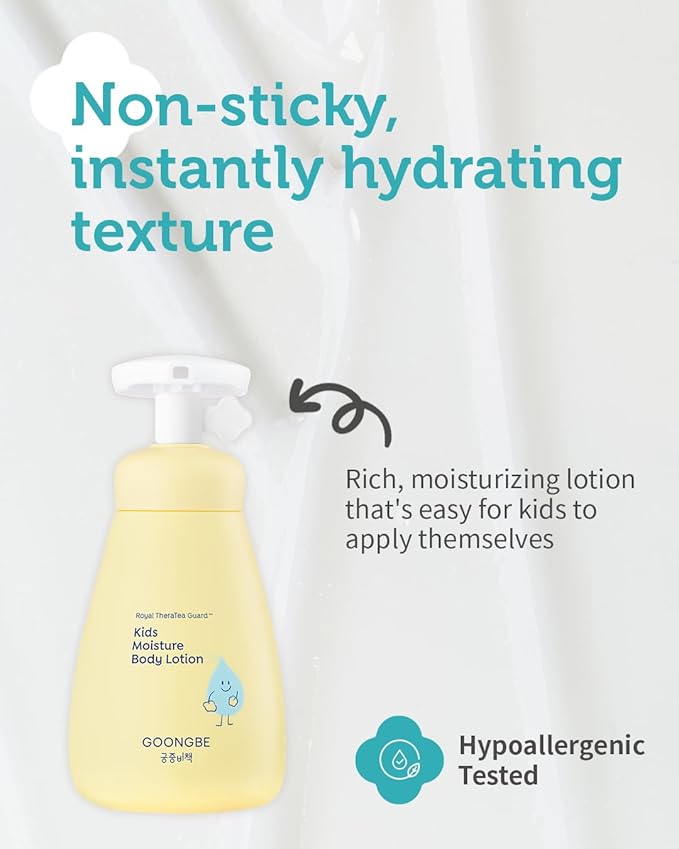 GOONGBE Kids' Moisture Body Lotion - Korean Kids Daily Body Moisturizer - Long Lasting 24hr Hydrating Cream Type Lotion with Cica and Squalane - Allergen Free Scent, 2.7 fl.oz. 2 Pack